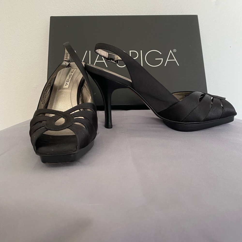 Via Spiga Black Peep-Toe Slingback Heels